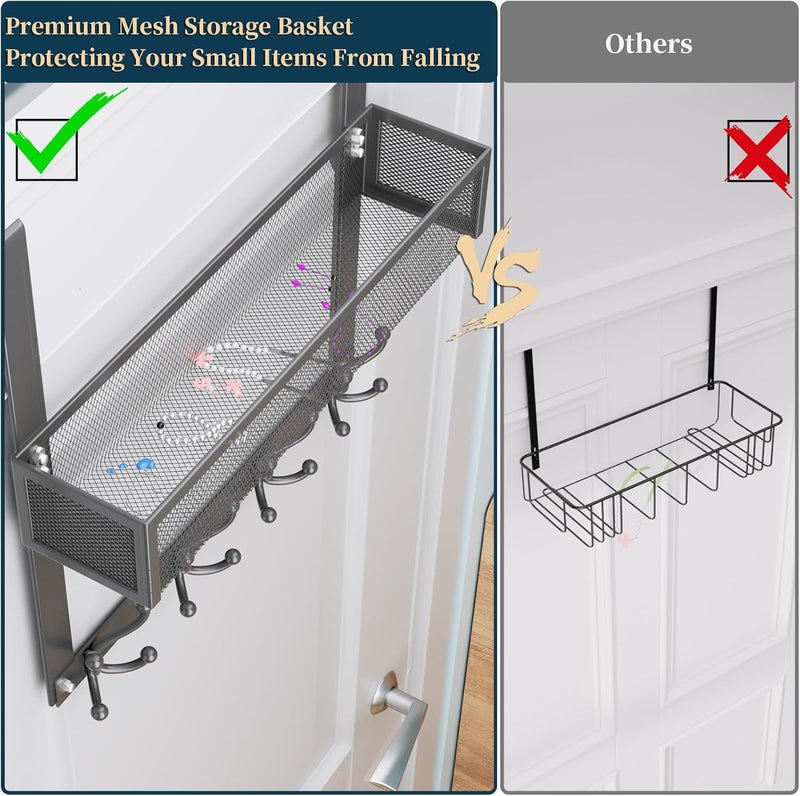 Consumest Over The Door Hooks Organizer - Over Door Hanger with 16 Hooks & 2 Baskets for Hanging Coat, Clothing, Towel, Hanging Organizer for Bathroom, Closet, College Dorm, Grey - Image 4